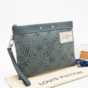 Louis Vuitton Monogram Denim Pochette Go Clutch Bag Blue Leather